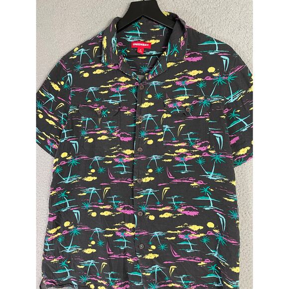 Unionbay Tropical Print Short Sleeve Button Shirt Black Rayon‎ Men's Medium - Picture 6 of 7